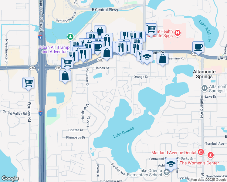 map of restaurants, bars, coffee shops, grocery stores, and more near 291 Altamonte Bay Club Circle in Altamonte Springs