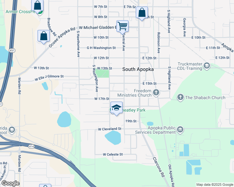 map of restaurants, bars, coffee shops, grocery stores, and more near 30 West 16th Street in Apopka