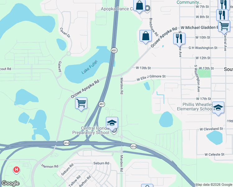 map of restaurants, bars, coffee shops, grocery stores, and more near 1438 Marden Road in Apopka