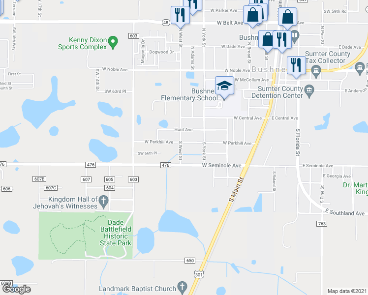 map of restaurants, bars, coffee shops, grocery stores, and more near 205 South West Street in Bushnell