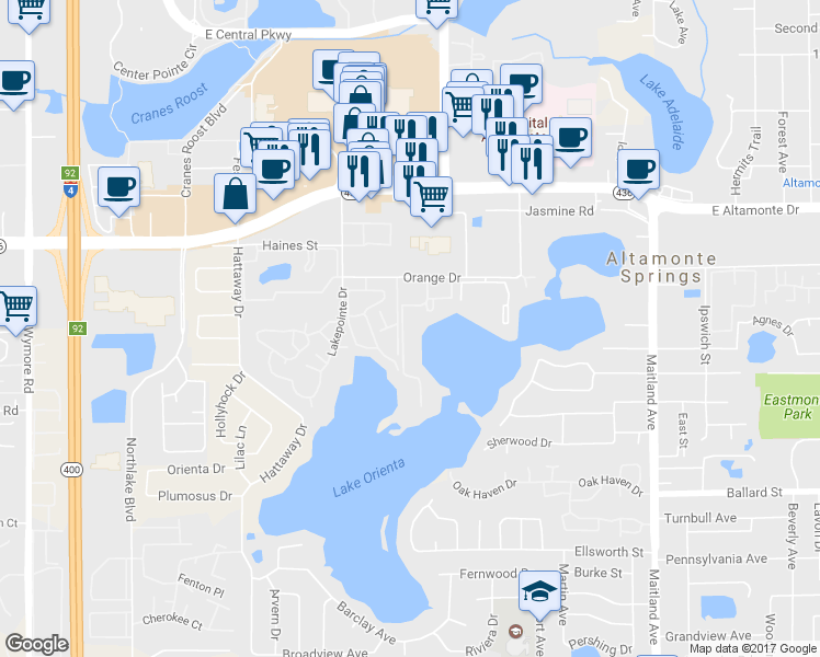 map of restaurants, bars, coffee shops, grocery stores, and more near 522 Orange Drive in Altamonte Springs