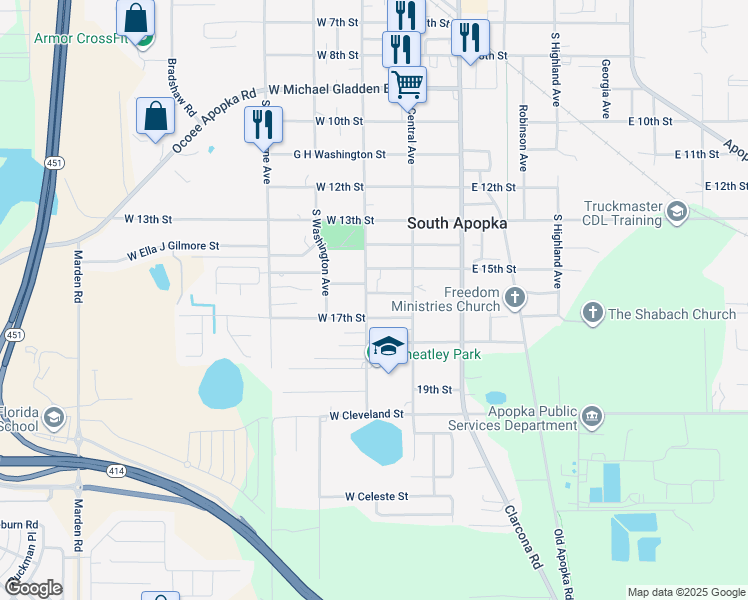 map of restaurants, bars, coffee shops, grocery stores, and more near 30 West 16th Street in Apopka