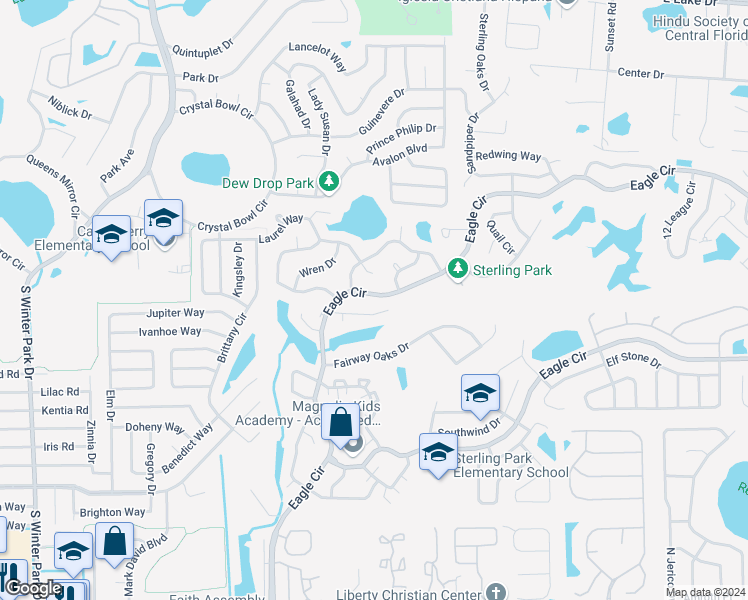 map of restaurants, bars, coffee shops, grocery stores, and more near 410 Eagle Circle in Casselberry