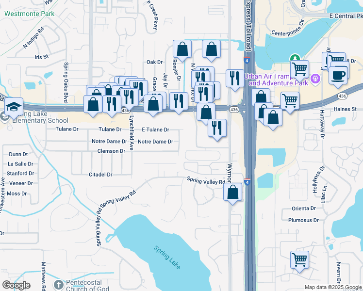 map of restaurants, bars, coffee shops, grocery stores, and more near 421 Trinity Avenue in Altamonte Springs