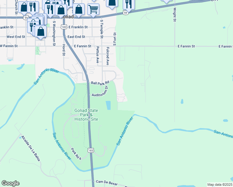map of restaurants, bars, coffee shops, grocery stores, and more near 358 Ball Park Road in Goliad