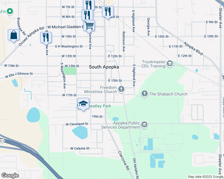 map of restaurants, bars, coffee shops, grocery stores, and more near 1346 Leroy Court in Apopka