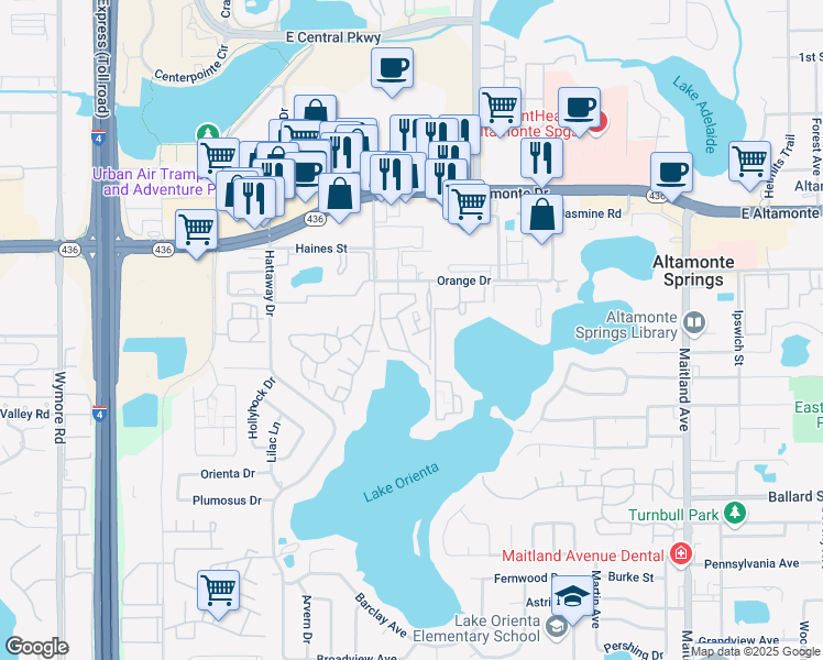 map of restaurants, bars, coffee shops, grocery stores, and more near 276 Orienta Point Street in Altamonte Springs