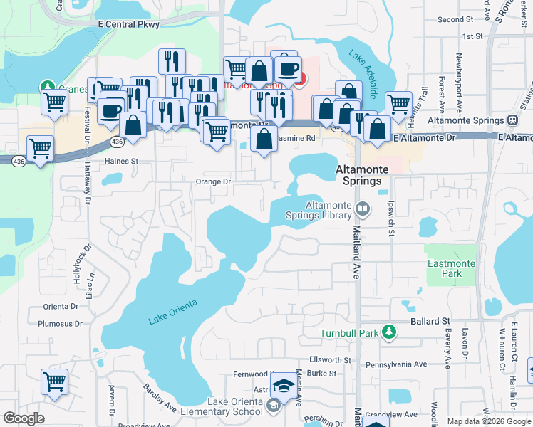 map of restaurants, bars, coffee shops, grocery stores, and more near 614 Orange Drive in Altamonte Springs