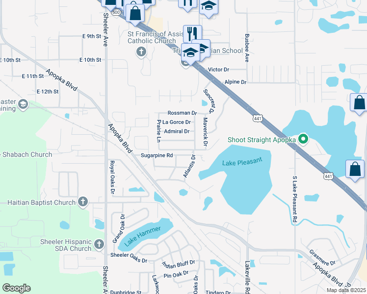 map of restaurants, bars, coffee shops, grocery stores, and more near 1313 Lakecrest Drive in Apopka
