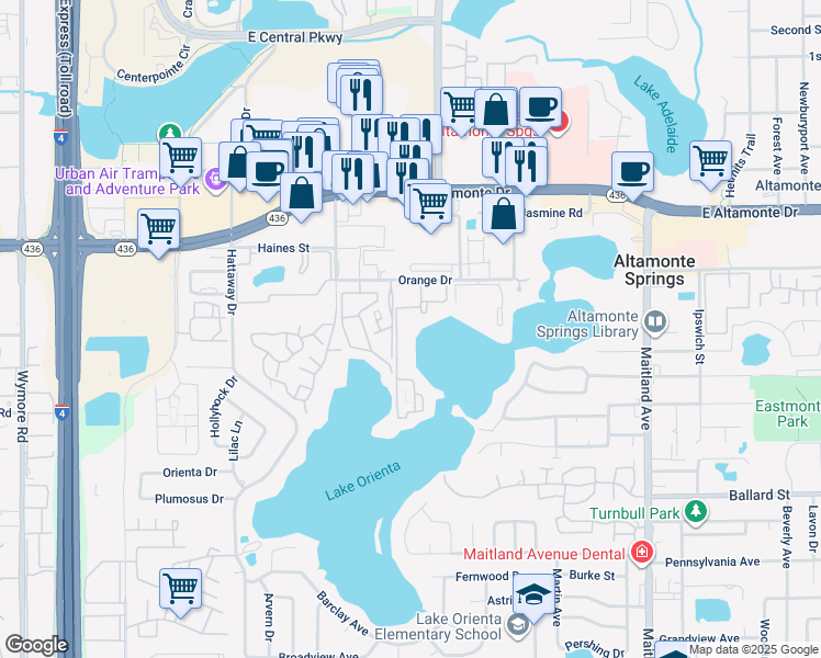 map of restaurants, bars, coffee shops, grocery stores, and more near 522 Orange Drive in Altamonte Springs