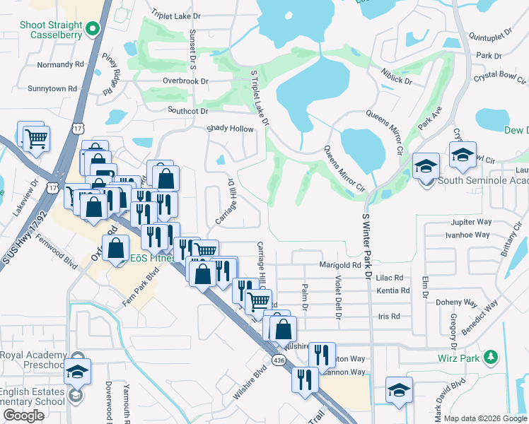 map of restaurants, bars, coffee shops, grocery stores, and more near 31 Apple Hill Hollow in Casselberry