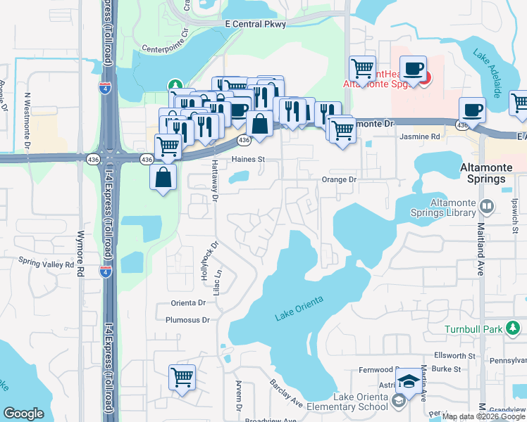 map of restaurants, bars, coffee shops, grocery stores, and more near 385 Woodside Drive in Altamonte Springs