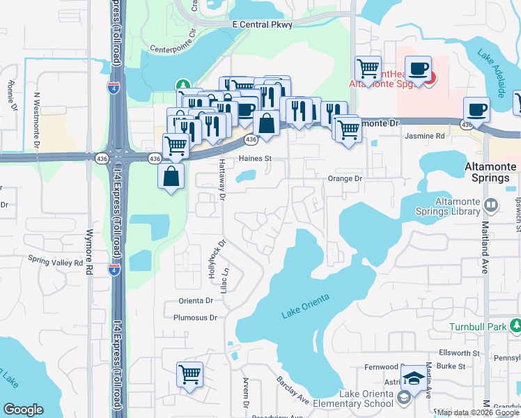 map of restaurants, bars, coffee shops, grocery stores, and more near 365 Forestway Circle in Altamonte Springs