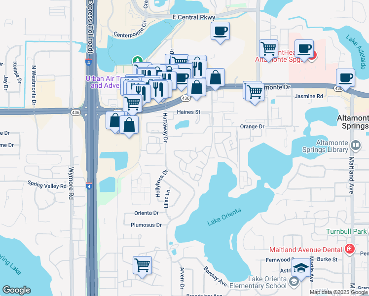 map of restaurants, bars, coffee shops, grocery stores, and more near 340 Forestway Circle in Altamonte Springs