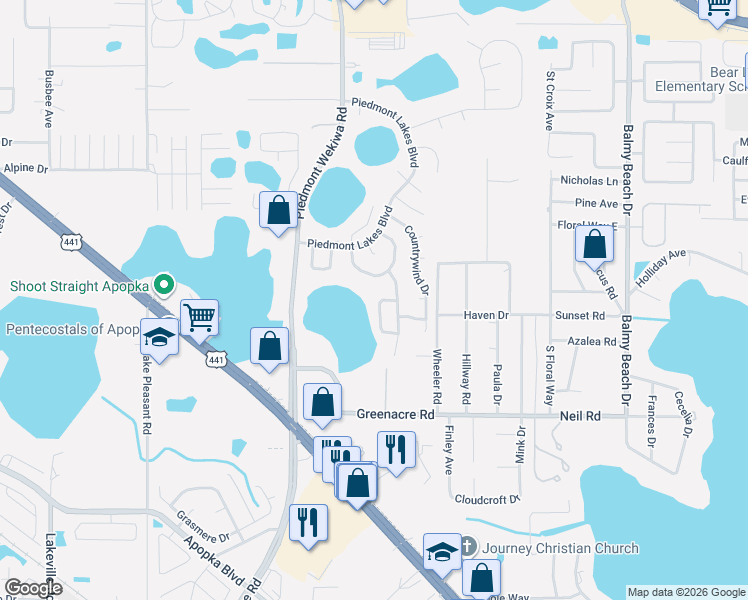 map of restaurants, bars, coffee shops, grocery stores, and more near 1318 Ashby Circle in Apopka