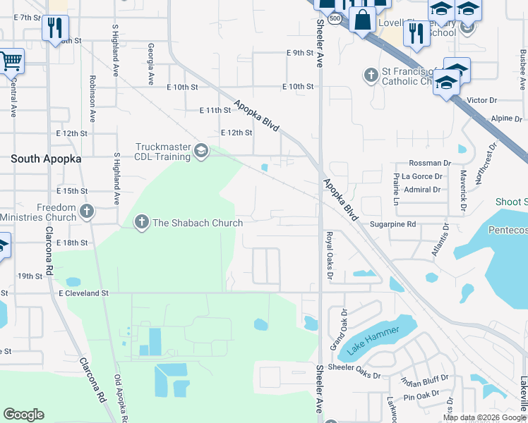 map of restaurants, bars, coffee shops, grocery stores, and more near 703 Jeffcoat Street in Apopka