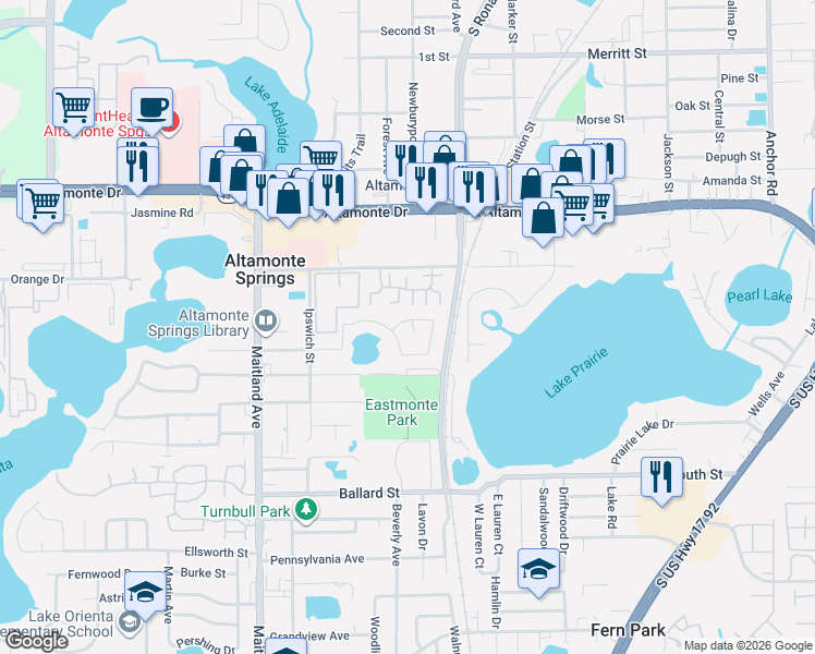 map of restaurants, bars, coffee shops, grocery stores, and more near 854 Diane Drive in Altamonte Springs