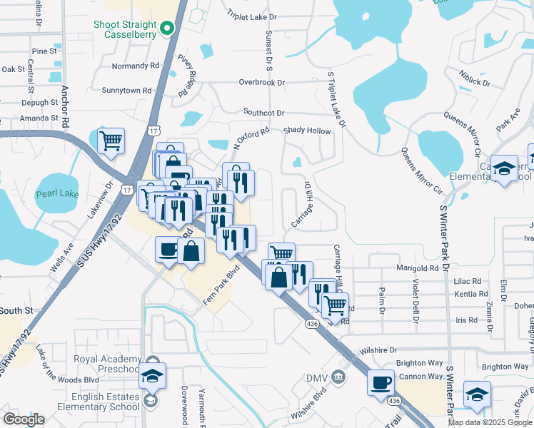 map of restaurants, bars, coffee shops, grocery stores, and more near 644 Kenwick Circle in Casselberry