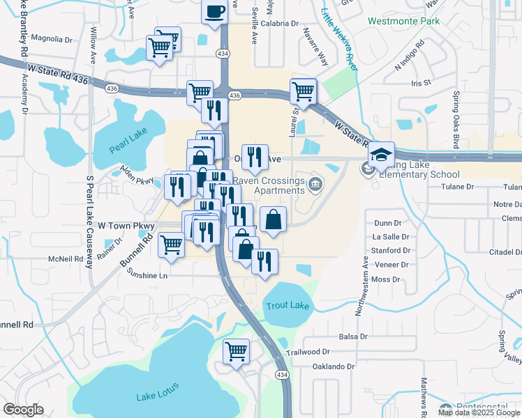 map of restaurants, bars, coffee shops, grocery stores, and more near 823 Camargo Way in Altamonte Springs