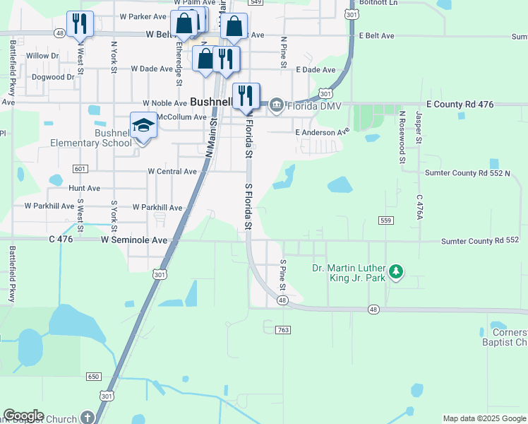 map of restaurants, bars, coffee shops, grocery stores, and more near 211 East Parkhill Avenue in Bushnell
