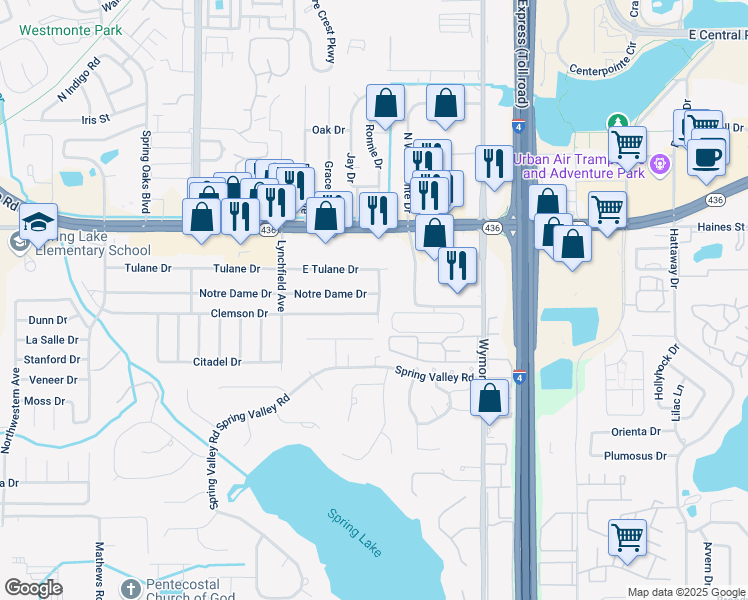 map of restaurants, bars, coffee shops, grocery stores, and more near 421 Trinity Avenue in Altamonte Springs