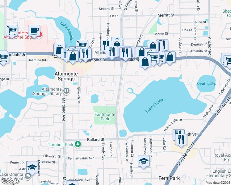 map of restaurants, bars, coffee shops, grocery stores, and more near 872 Darwin Drive in Altamonte Springs