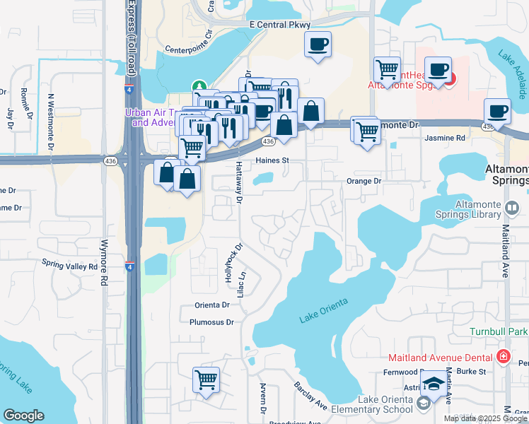 map of restaurants, bars, coffee shops, grocery stores, and more near 345 Forestway Circle in Altamonte Springs