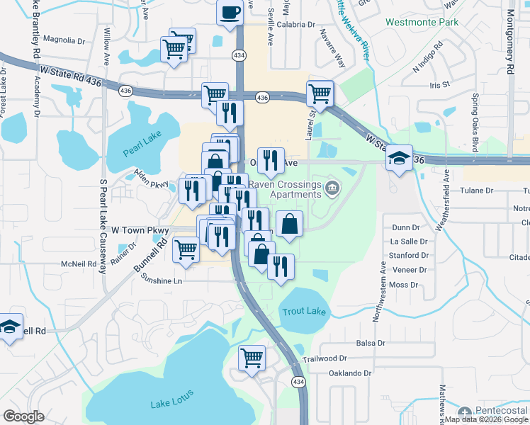 map of restaurants, bars, coffee shops, grocery stores, and more near 823 Camargo Way in Altamonte Springs