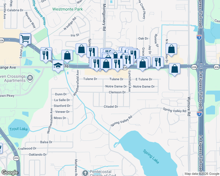 map of restaurants, bars, coffee shops, grocery stores, and more near 473 Notre Dame Drive in Altamonte Springs