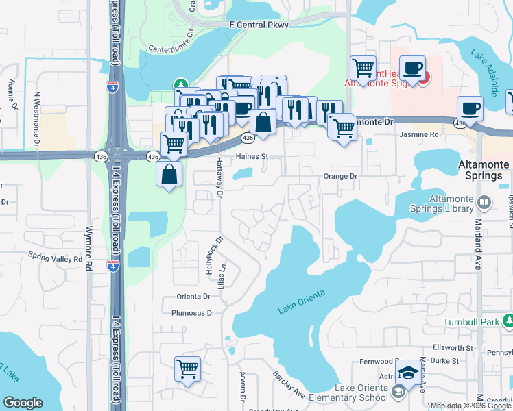 map of restaurants, bars, coffee shops, grocery stores, and more near 365 Forestway Circle in Altamonte Springs