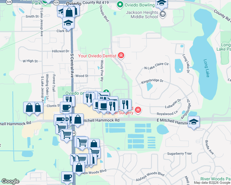 map of restaurants, bars, coffee shops, grocery stores, and more near 370 Center Lake Lane in Oviedo