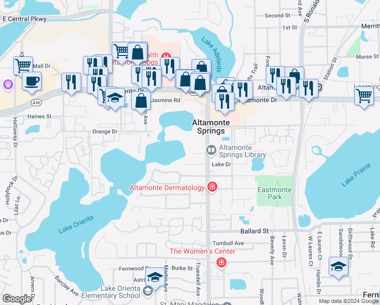 map of restaurants, bars, coffee shops, grocery stores, and more near 735 Lake Crest Cove in Altamonte Springs