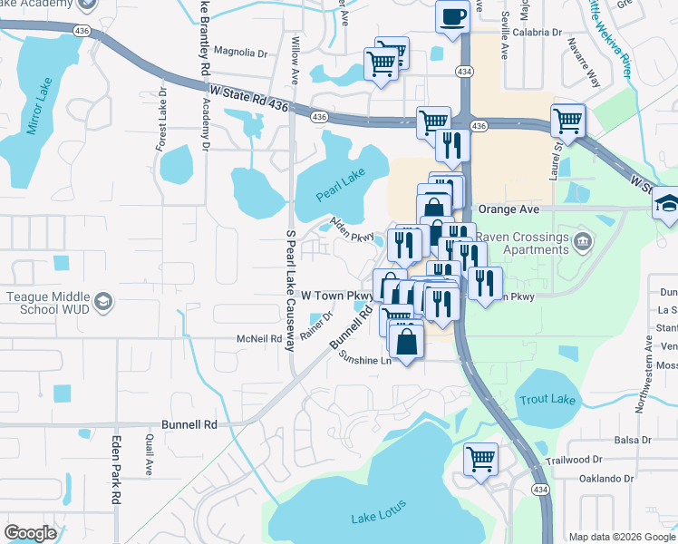map of restaurants, bars, coffee shops, grocery stores, and more near 238 Afton Square in Altamonte Springs