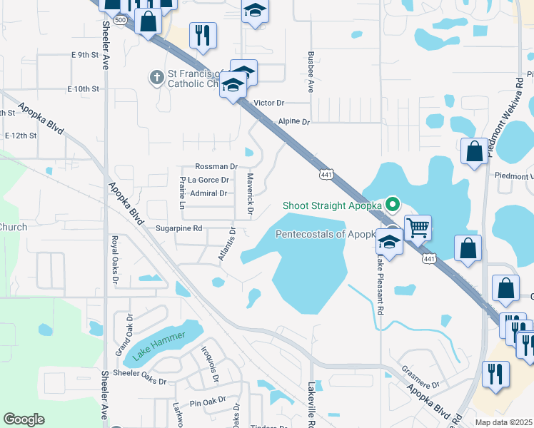 map of restaurants, bars, coffee shops, grocery stores, and more near 1442 Lakecrest Drive in Apopka