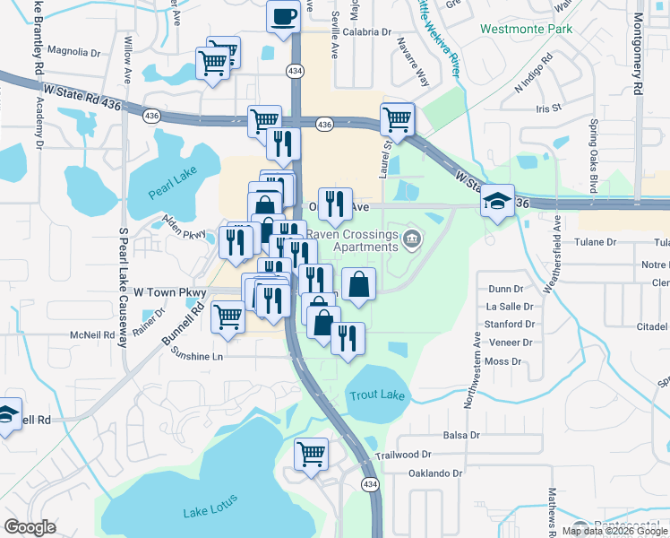 map of restaurants, bars, coffee shops, grocery stores, and more near 823 Camargo Way in Altamonte Springs