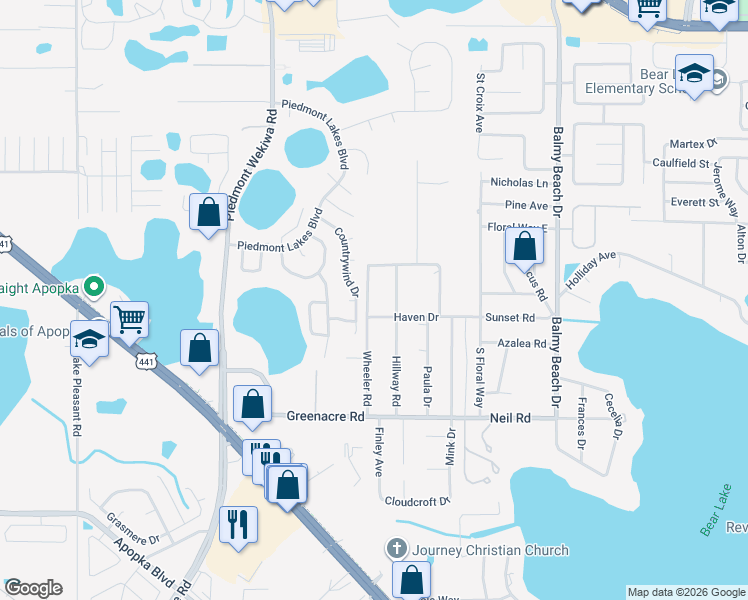 map of restaurants, bars, coffee shops, grocery stores, and more near 1335 Wheeler Road in Apopka