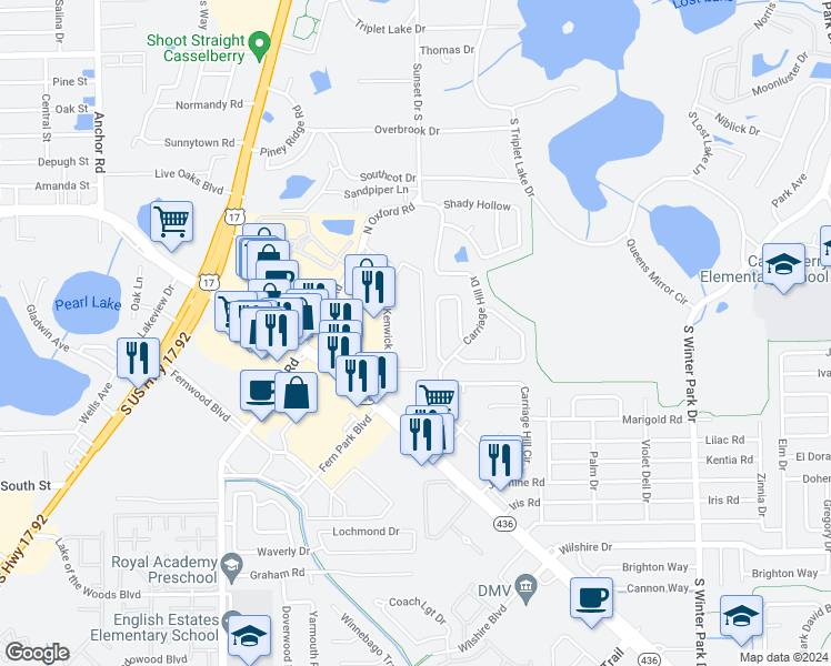 map of restaurants, bars, coffee shops, grocery stores, and more near 10 Bayberry Branch in Casselberry