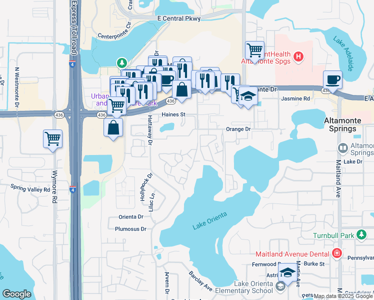 map of restaurants, bars, coffee shops, grocery stores, and more near 365 Forestway Circle in Altamonte Springs