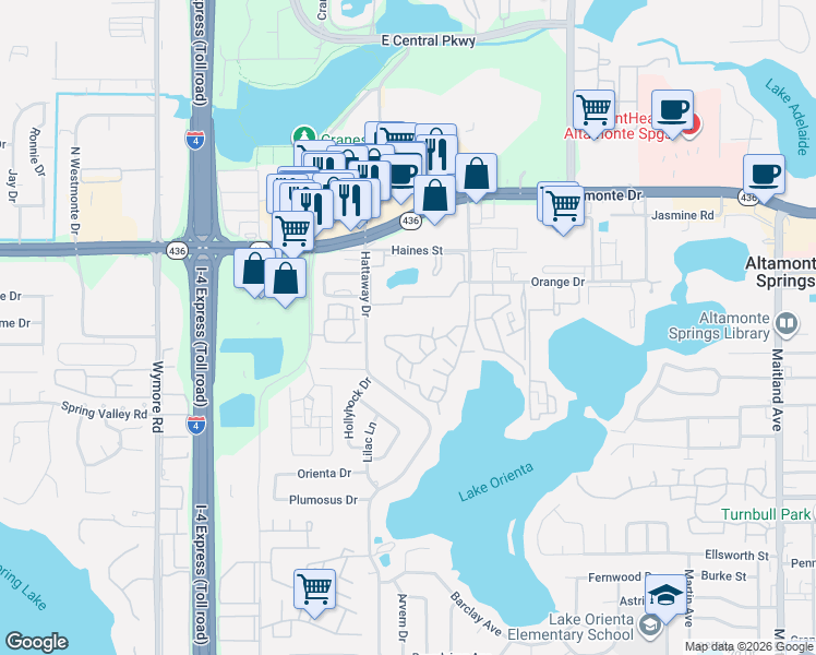 map of restaurants, bars, coffee shops, grocery stores, and more near 325 Forestway Circle in Altamonte Springs