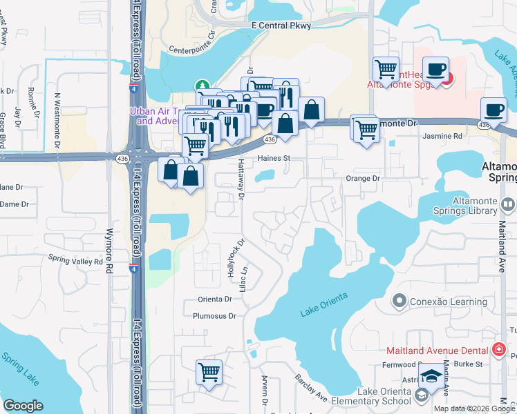map of restaurants, bars, coffee shops, grocery stores, and more near 340 Forestway Circle in Altamonte Springs