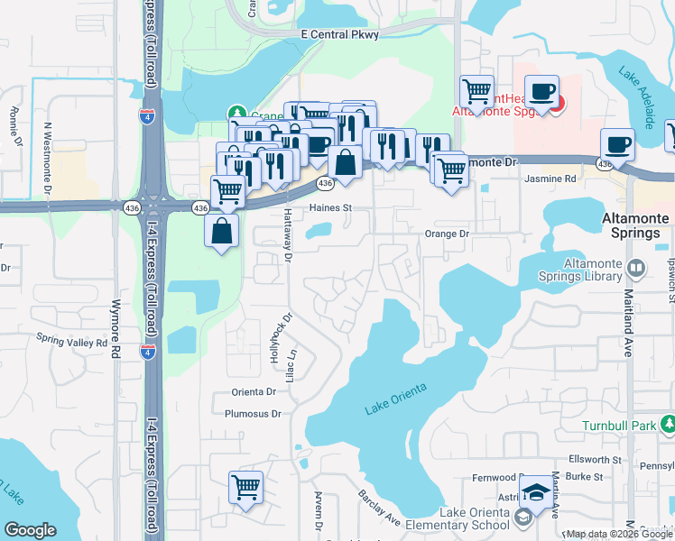 map of restaurants, bars, coffee shops, grocery stores, and more near 365 Forestway Circle in Altamonte Springs