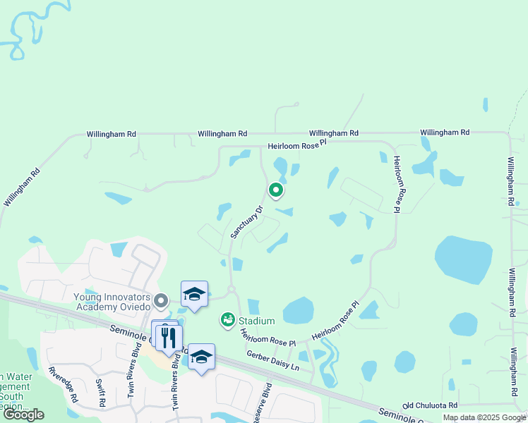 map of restaurants, bars, coffee shops, grocery stores, and more near 3380 Rose Mallow Loop in Oviedo