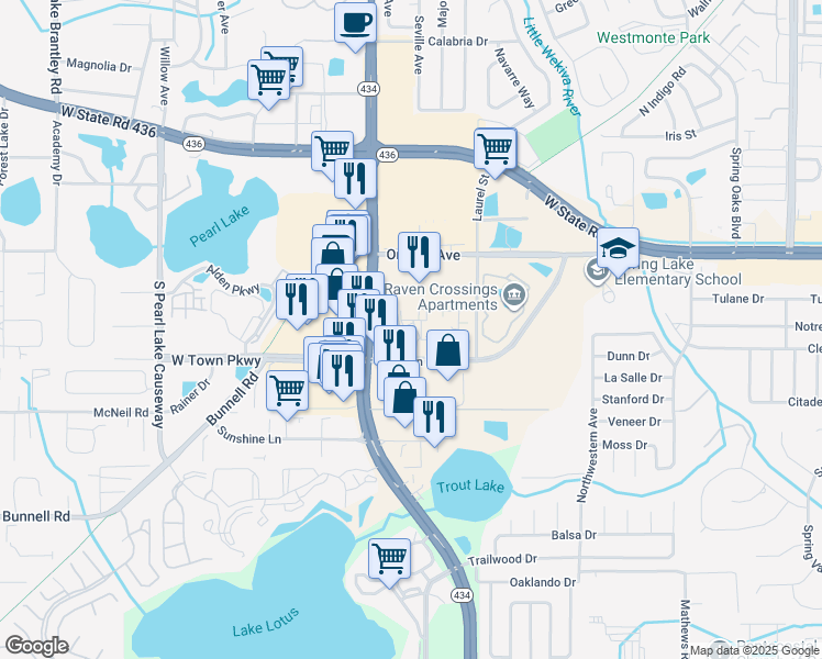map of restaurants, bars, coffee shops, grocery stores, and more near 822 Camargo Way in Altamonte Springs
