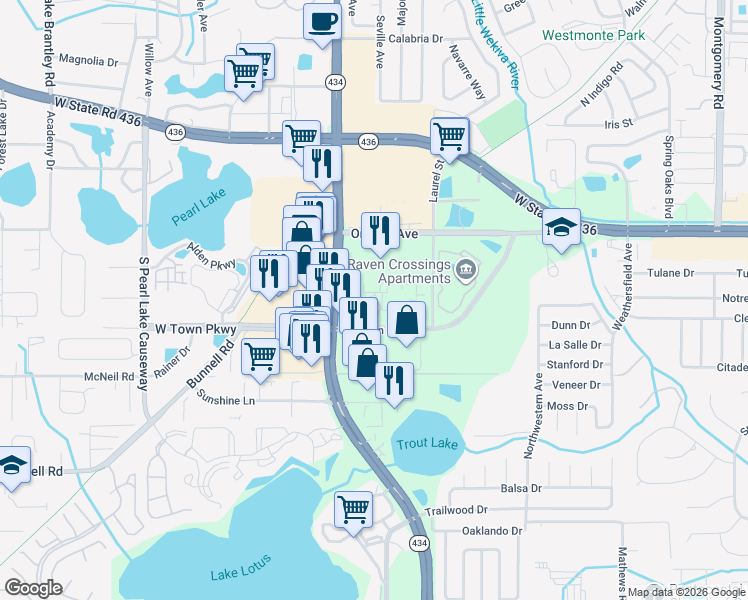 map of restaurants, bars, coffee shops, grocery stores, and more near 823 Camargo Way in Altamonte Springs