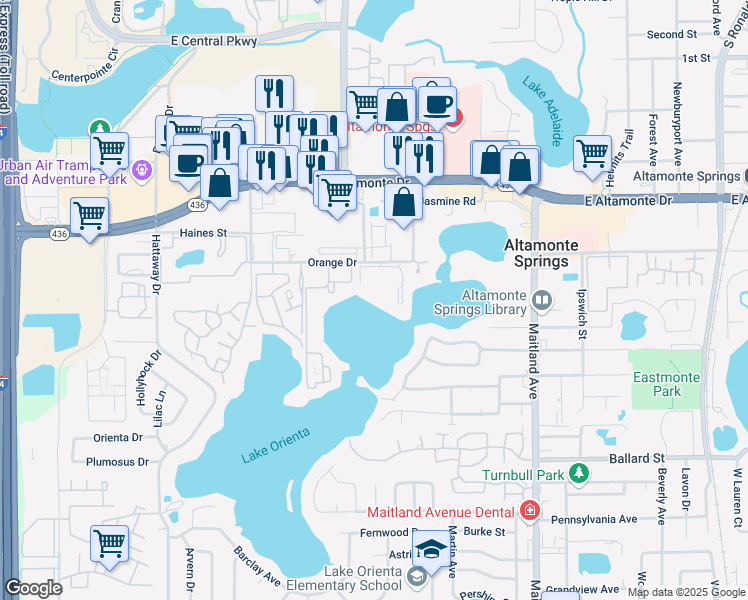 map of restaurants, bars, coffee shops, grocery stores, and more near 576 Orange Drive in Altamonte Springs