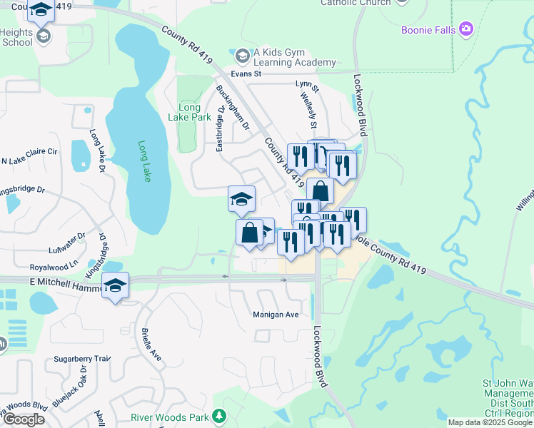 map of restaurants, bars, coffee shops, grocery stores, and more near 1620 Oviedo Grove Circle in Oviedo