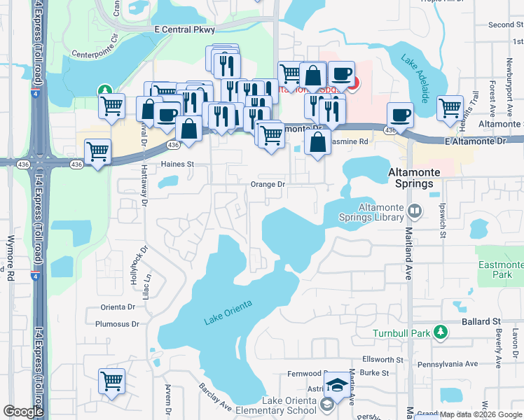 map of restaurants, bars, coffee shops, grocery stores, and more near 522 Orange Drive in Altamonte Springs