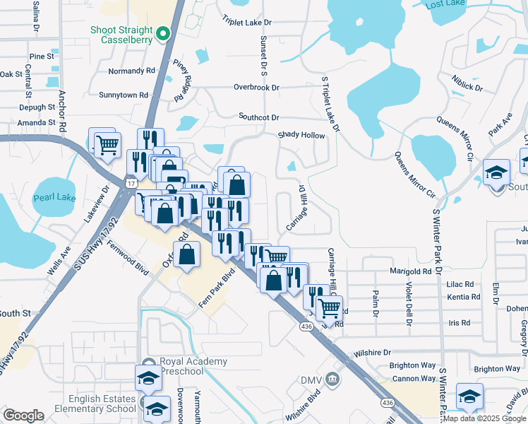 map of restaurants, bars, coffee shops, grocery stores, and more near 10 Bayberry Branch in Casselberry