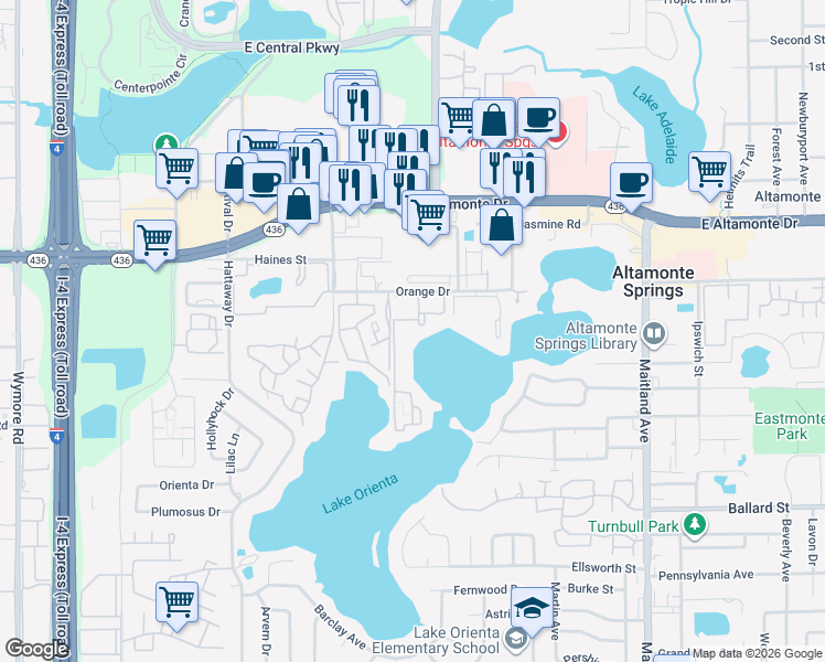 map of restaurants, bars, coffee shops, grocery stores, and more near 522 Orange Drive in Altamonte Springs