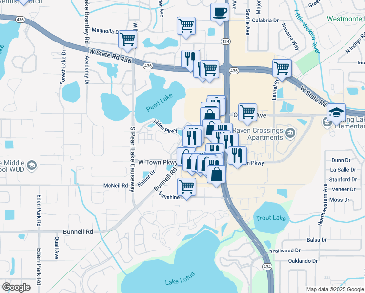 map of restaurants, bars, coffee shops, grocery stores, and more near 275 Sterling Springs Lane in Altamonte Springs